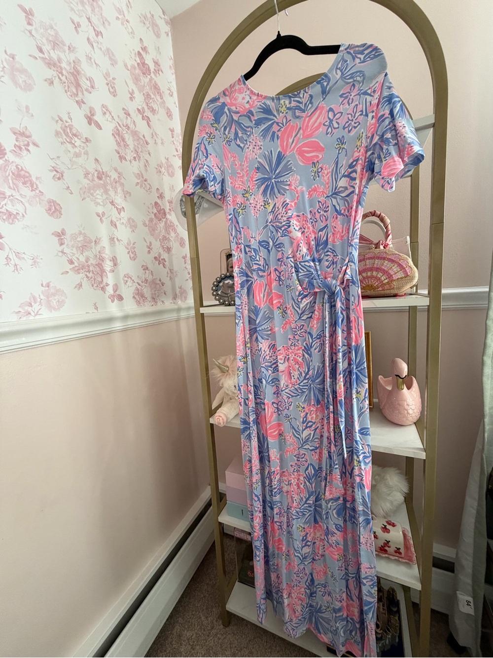 Lilly Pulitzer Pink and Blue Floral Tie-Waist Maxi Dress with Short Sleeves